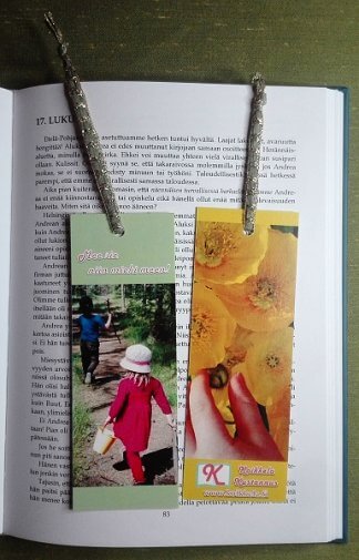 Kirjanmerkki: Mee sie niin mieki meen! - Vihreä-kultaisella, metallivahvisteisella tekstiilinauhalla