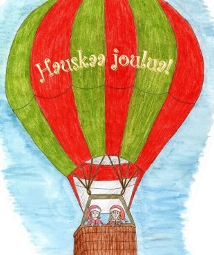 Lasten joulukortti: tontut kuumailmapallossa ja teksti Hauskaa joulua!