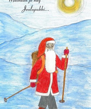 Matkaan käy Joulupukki - joulukortti, jossa Joulupukki hiihtää tuntureiden keskellä